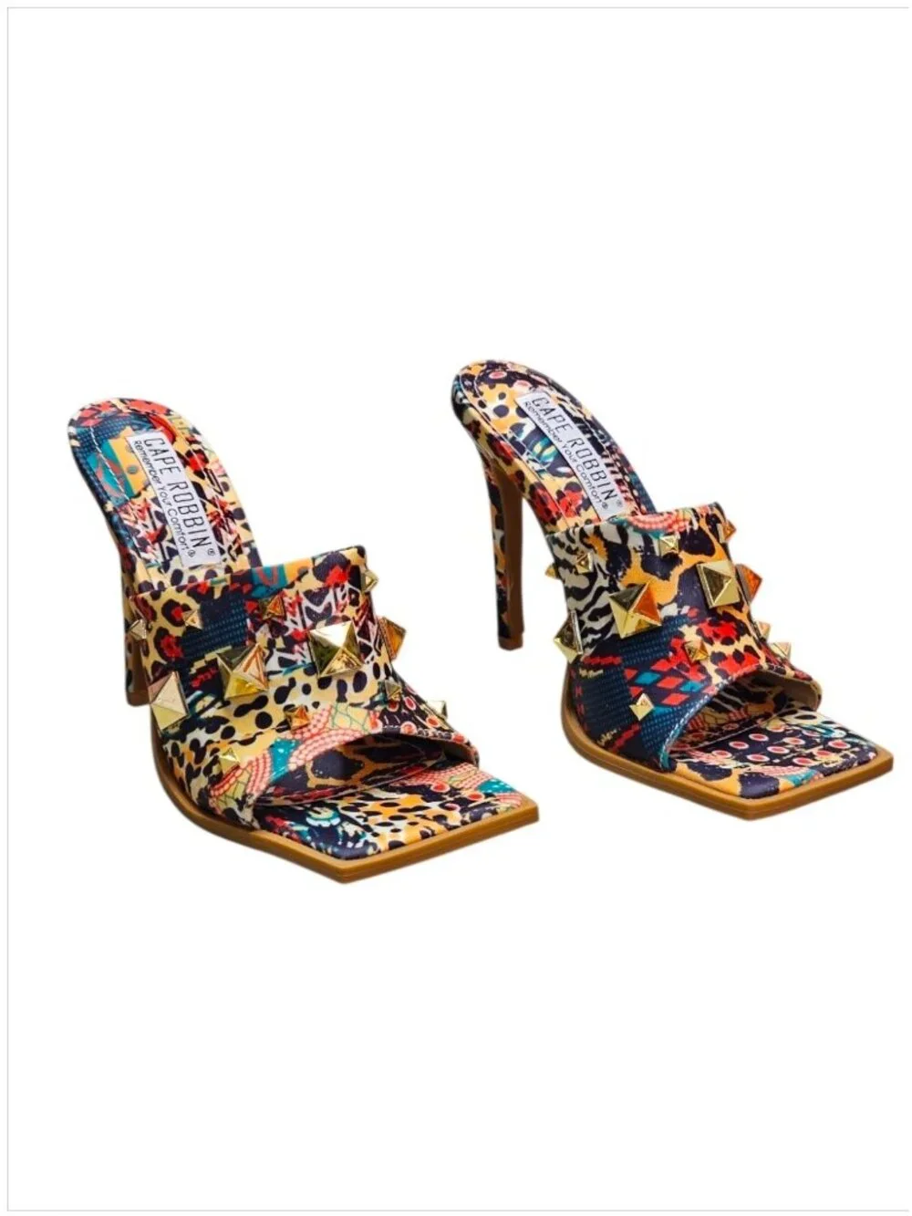 Cape Robbin Gold Studded Multicolor Printed High Heel Mules With Open Toe Womens - Picture 11 of 14